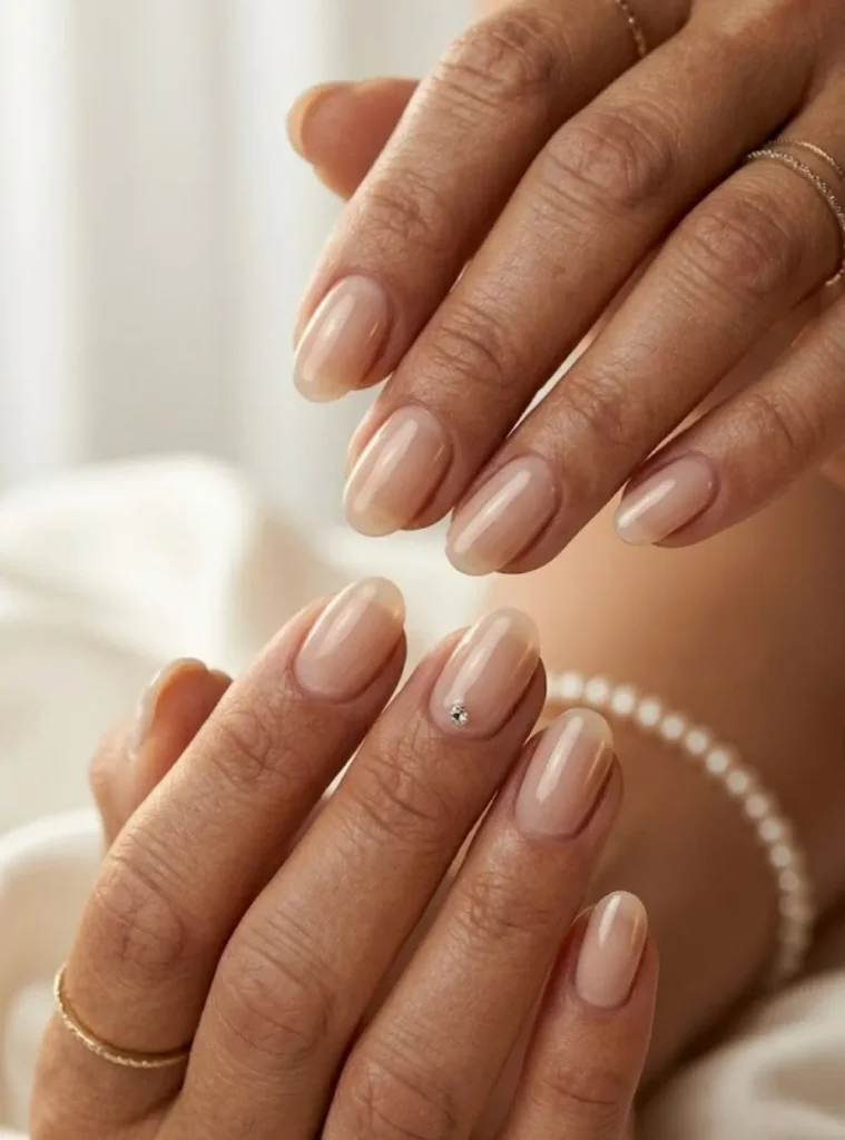 Minimalist milky nude nails with crystal accent for classy 50th birthday manicure ideas