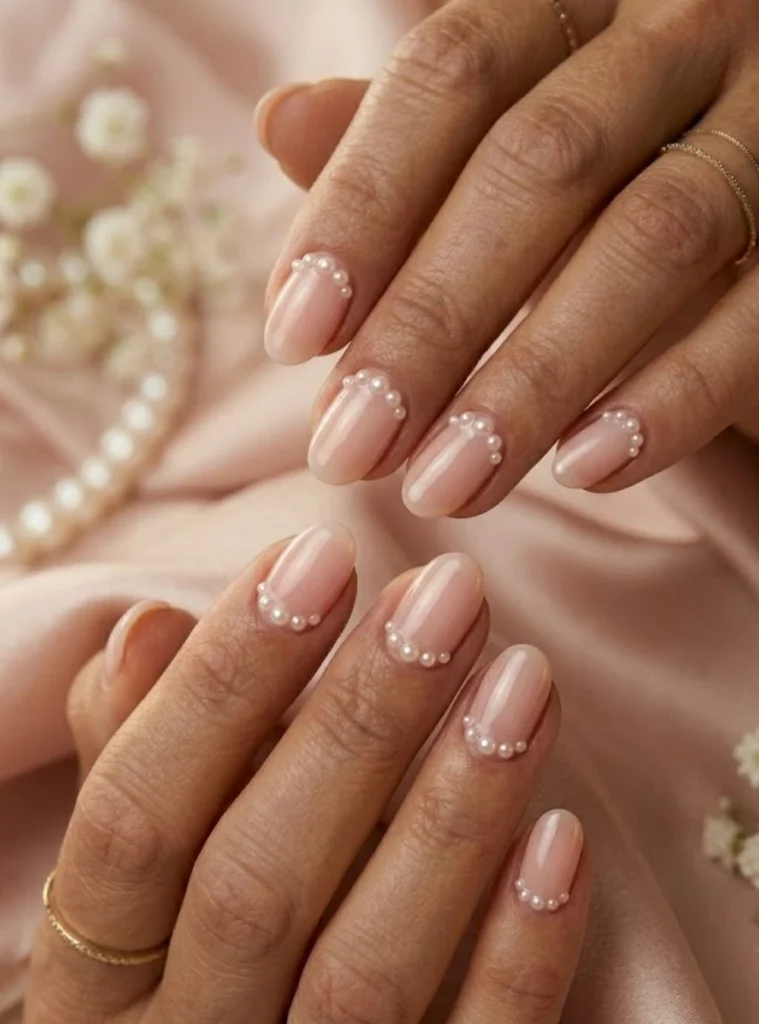 Pearl cuticle cuff nail design with blush pink base for classy birthday nails over 50