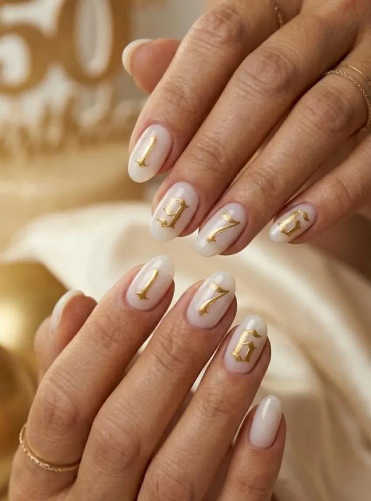 Personalized birth year manicure with gold lettering on white nails for 50th birthday celebration