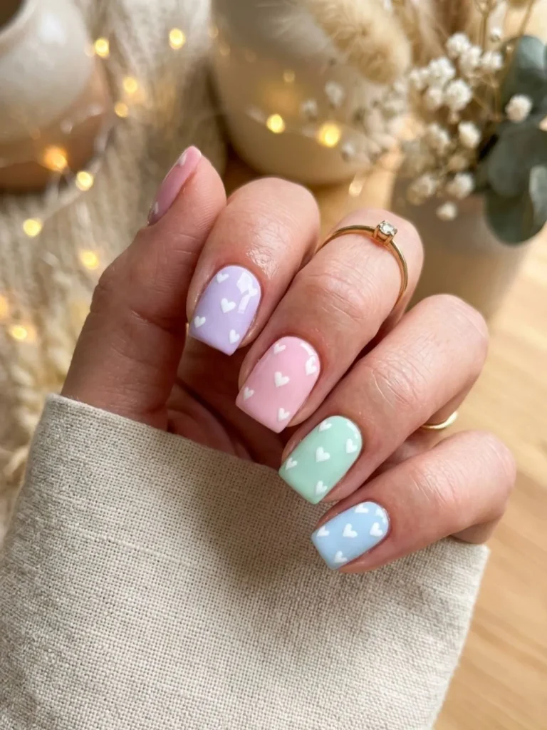 Short pastel square nails with delicate white hand-painted heart accents for a cute and trendy 30th birthday tea party look