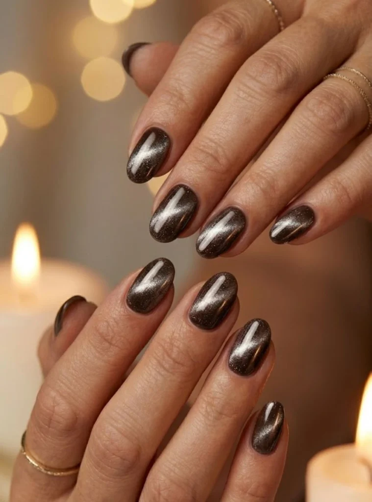 Espresso cat eye nails with magnetic velvet effect for luxurious 50th birthday manicure