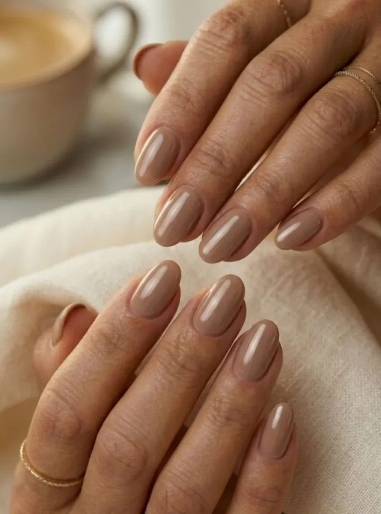Warm toffee cream nails for women over 50 featuring rich taupe neutral polish and short squoval shape