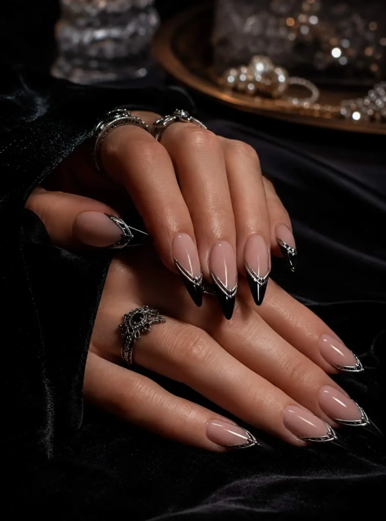 Black and silver French tip nails for an elegant style