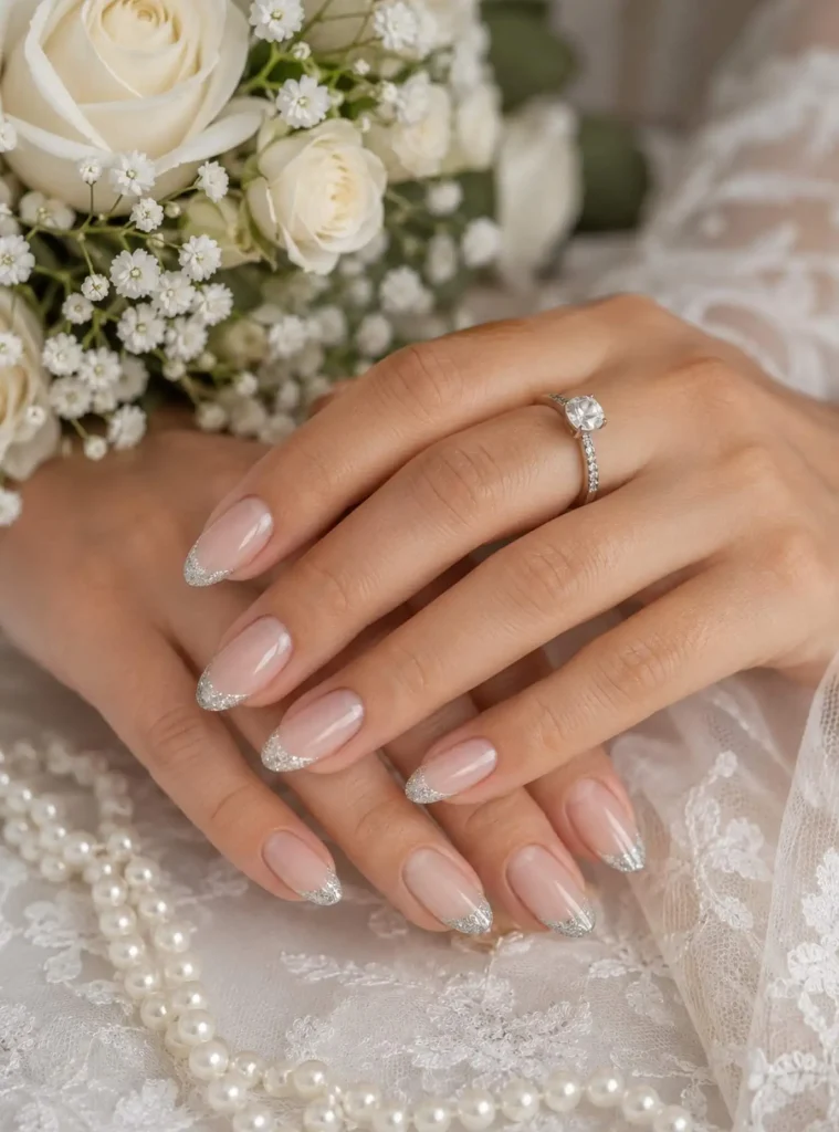 Bridal silver French tip nails with elegant shimmer