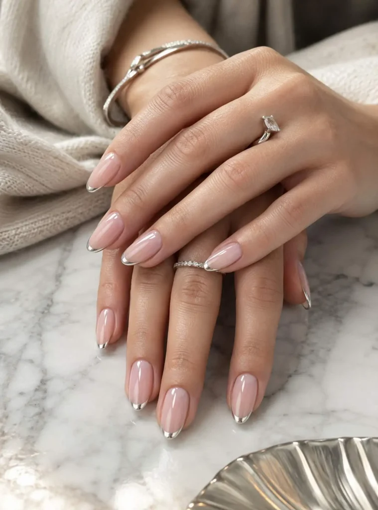 Classic silver French tip nails on almond-shaped nails