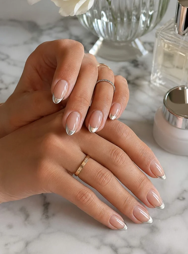Elegant almond-shaped silver French tip nails