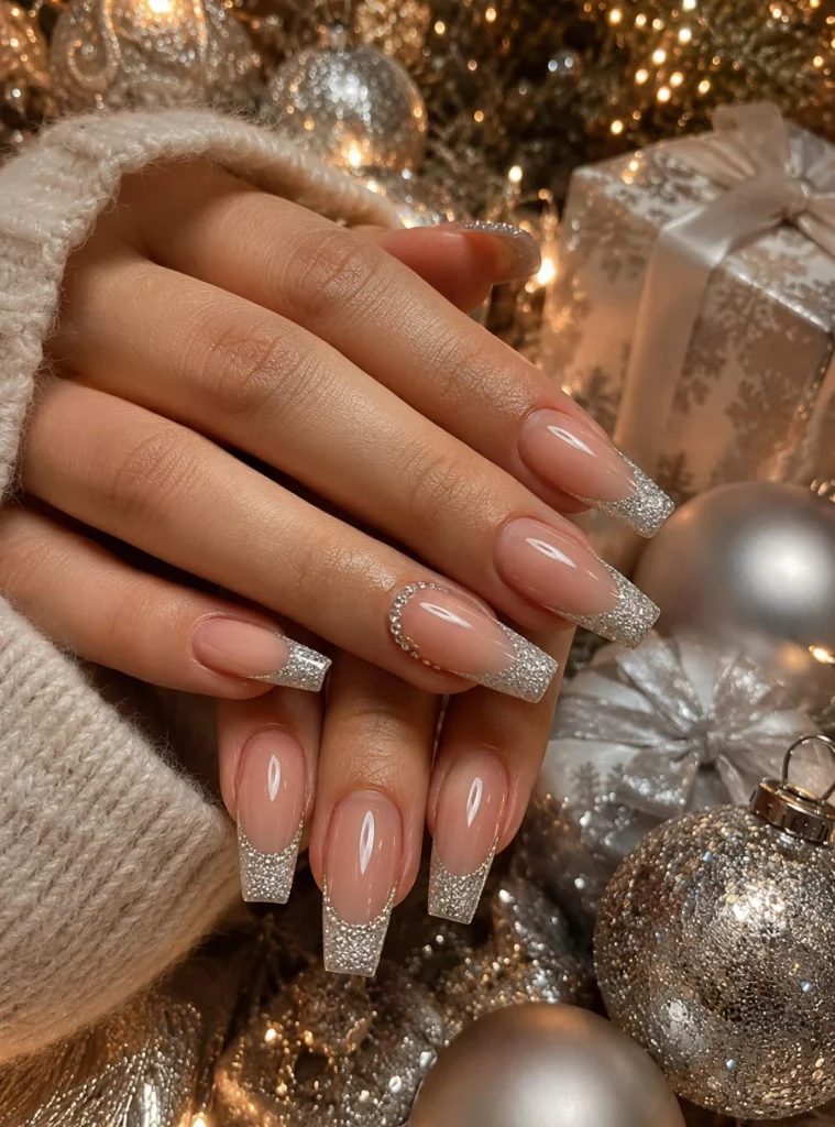 Holiday silver French tip nails with glitter accents