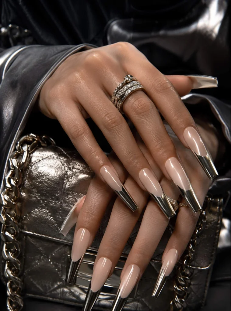 Long coffin silver French tip nail design