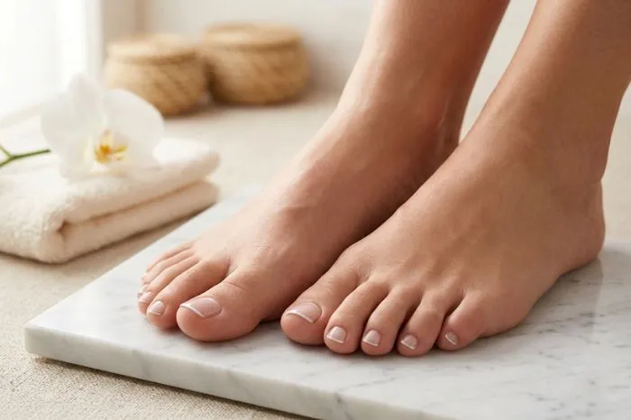 Micro white French tip toes with an ultra-thin white edge and sheer pink base.