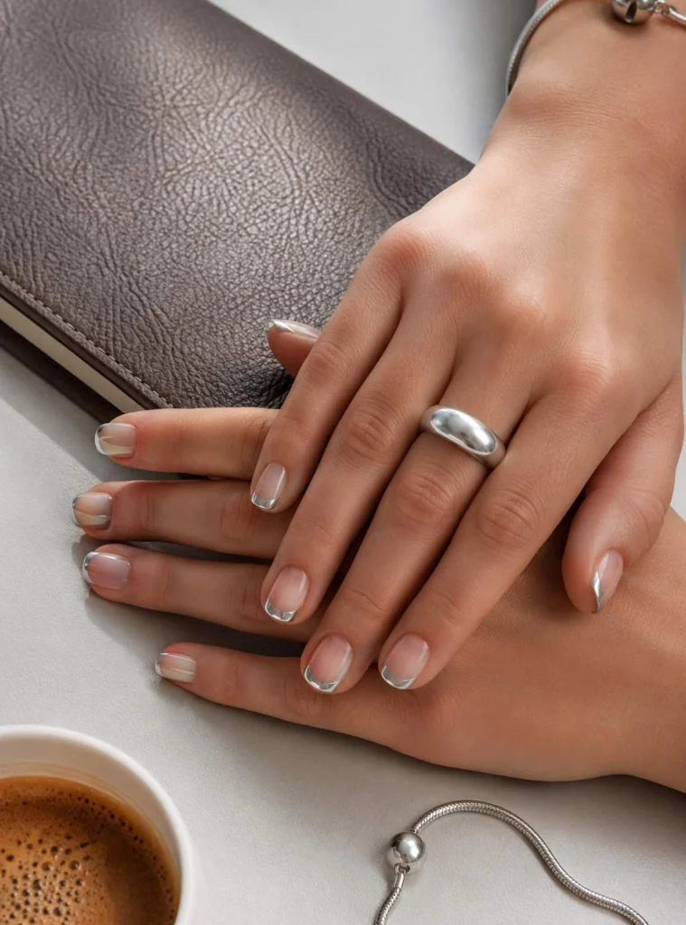 Short silver French tip nails for everyday wear