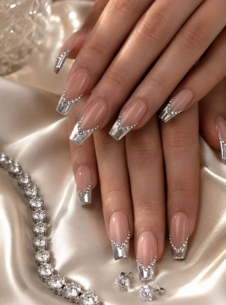 Silver French tip nails with crystal rhinestones
