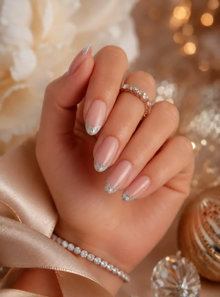Silver glitter French tip nails for a glamorous look