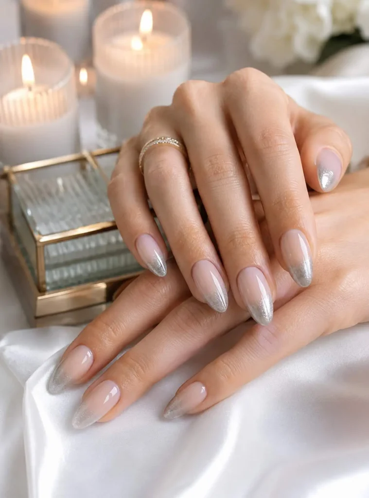 Silver ombré French tip nails with glossy finish