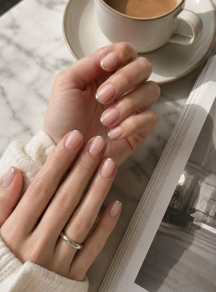 Thin silver French tip nails with minimalist design