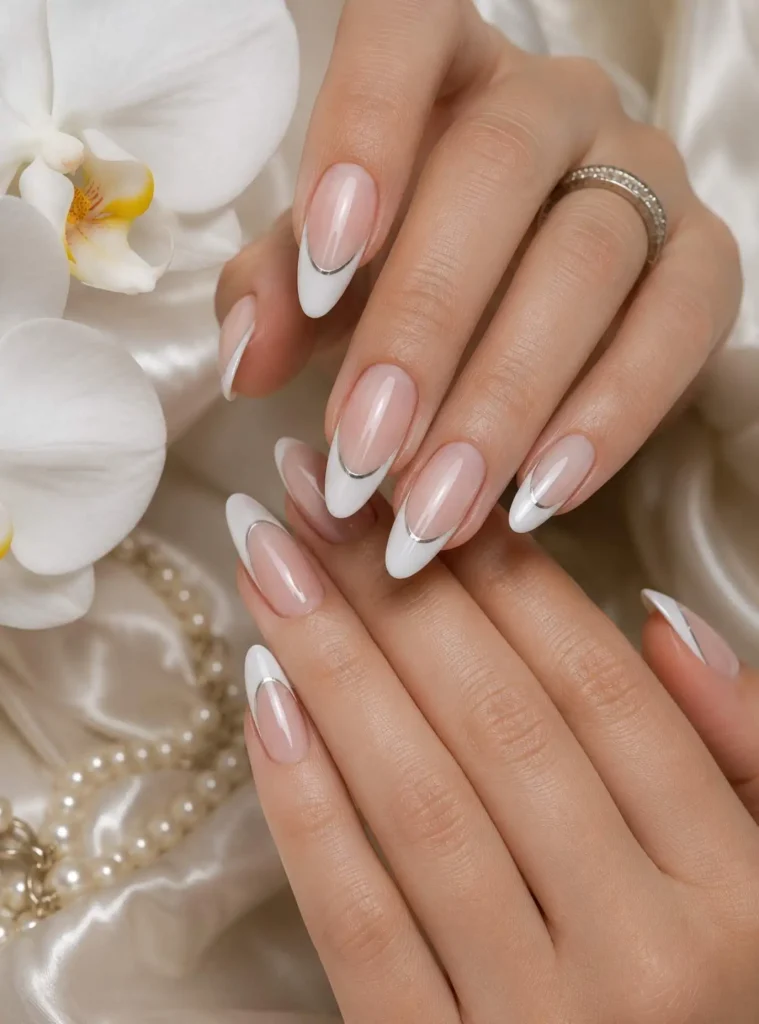 White and silver French tip nail design