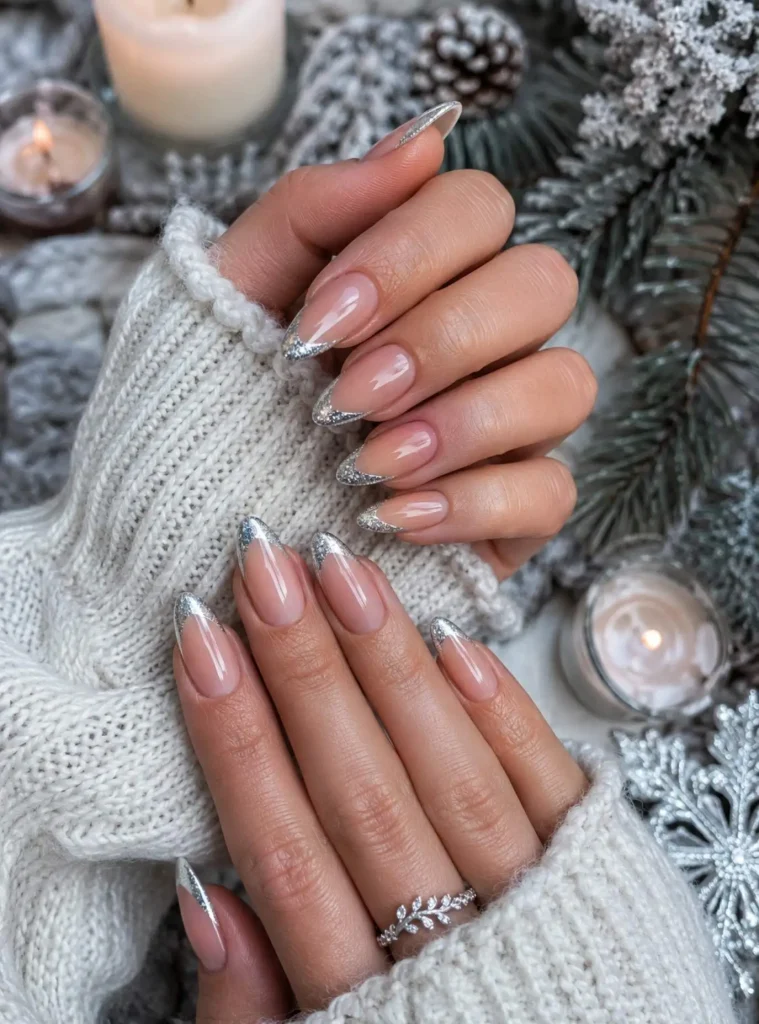 Winter-inspired silver French tip nail design