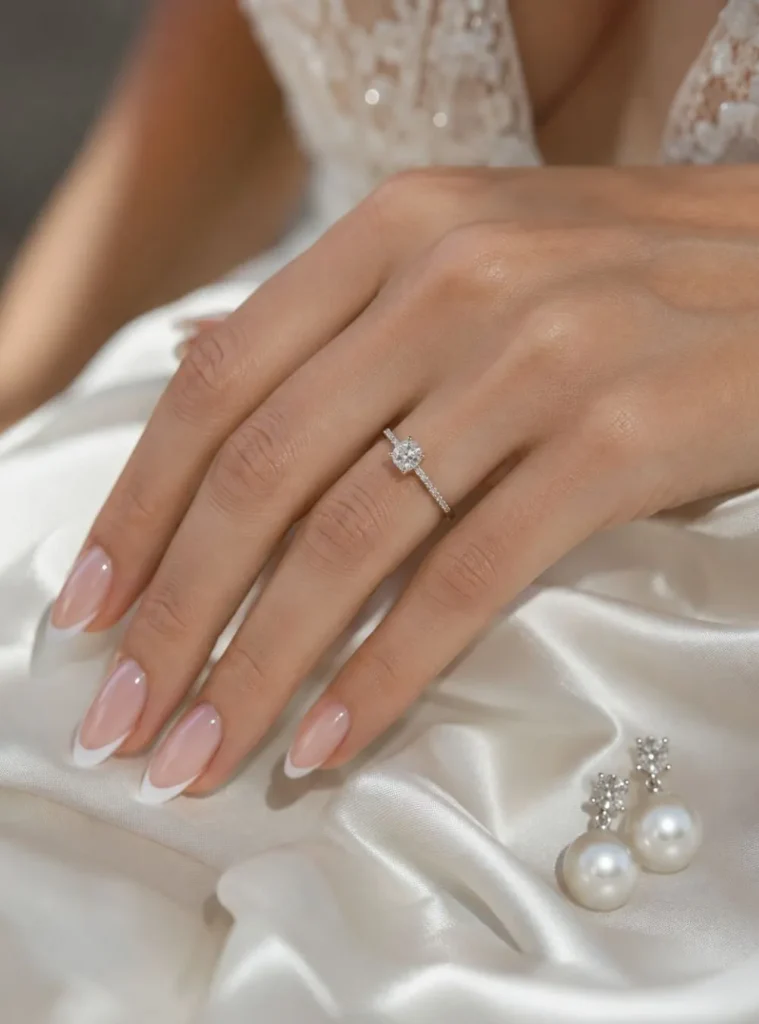 Almond White French Wedding Nails