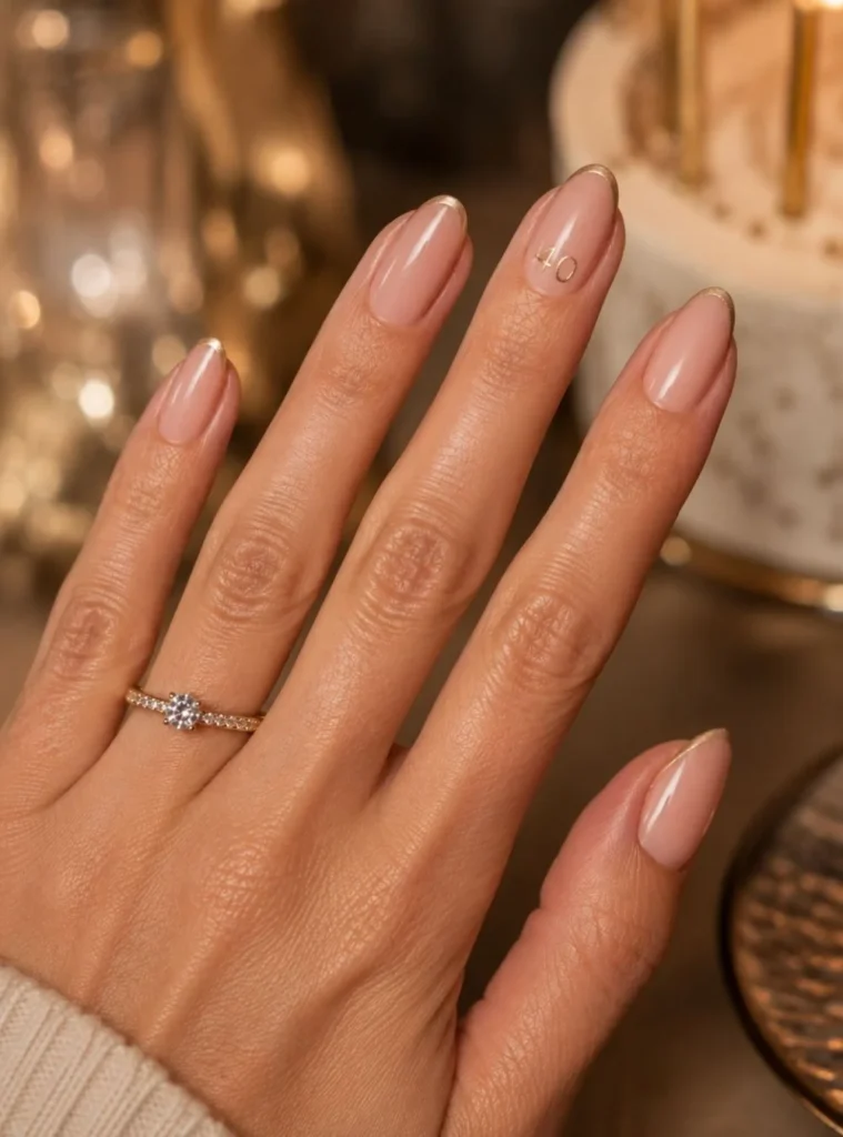 Nude Nails With a Tiny Gold “40”