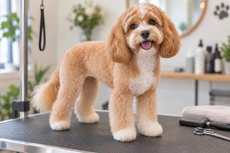 Cavapoo with a lamb cut featuring a shorter body and fuller legs