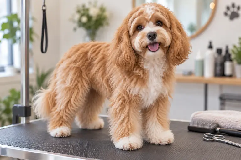 Cavapoo with a long natural coat showing soft waves and fuller fur