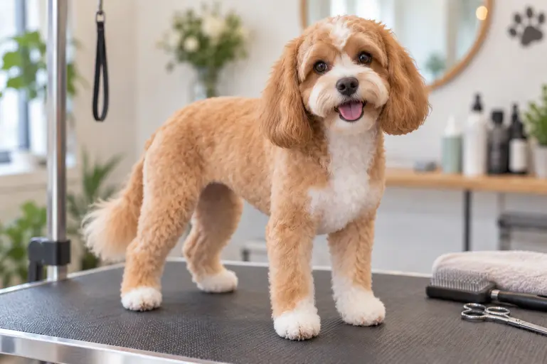 Cavapoo with a teddy bear haircut and rounded fluffy face