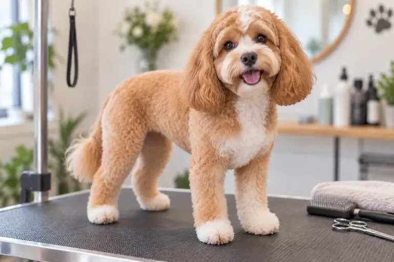 Cavapoo with a short body haircut and longer fuller ears framing the face
