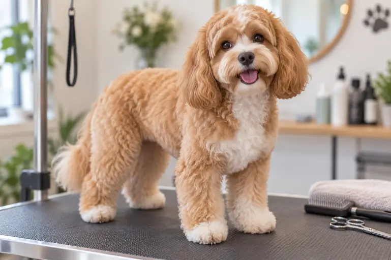 Cavapoo with a teddy bear haircut and rounded fluffy face