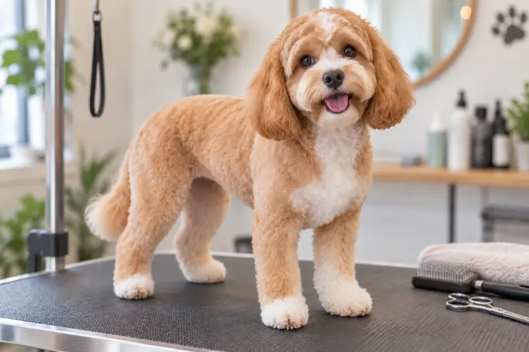 Cavapoo after a short reset haircut designed to remove mats and restart coat care