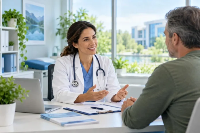 Doctor-Patient Consultation in a Bright Clinic health protection